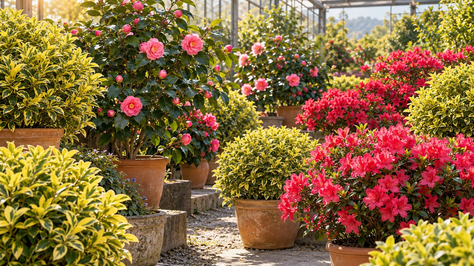 تصویرسازی ترکیب گیاهان گروه درختچه‌های فضای باز در فضای روشن گلخانه